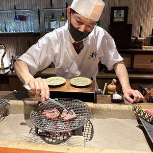 Wagyu beef being cooked for us