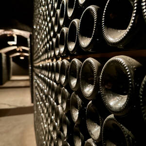 Wine bottles in the cellars at Pere Ventura vineyard