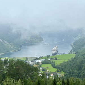 Foggy morning view of Geirangerfjord