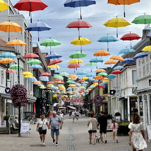 Colourful umbrellas on a street in Trondheim